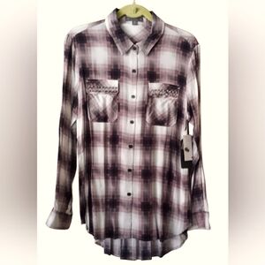 Highline Collection Western Plaid Shirt Grommet Accent Black Pink Medium NWT